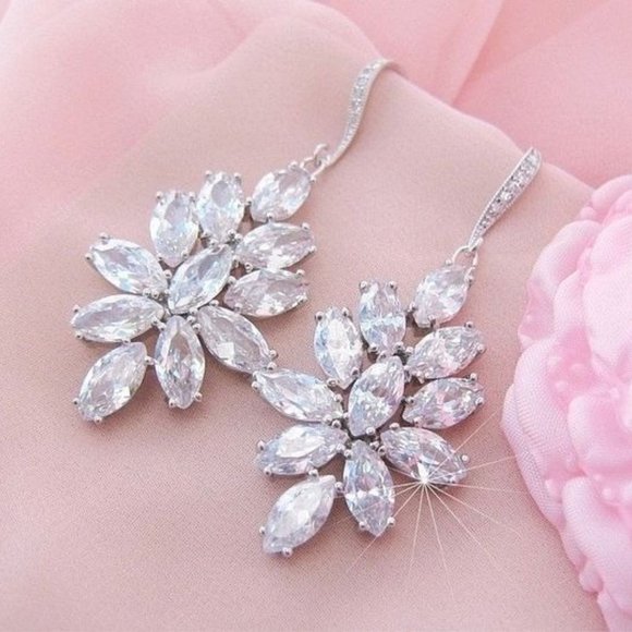 Statement Luxury Pierced Earrings Marquise Cut CZ Diamond Chandelier Drops - Picture 1 of 7
